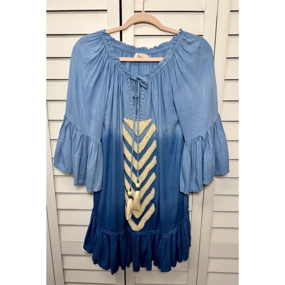 Skemo Beach Boho Ombré Beaded Tassel Ruffle Dress Coastal Resort Women's Size XS